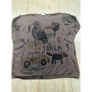 Ellazhu Womens Brown Shirt Art Graphic Loose Sweater Streetwear Bird Token Free